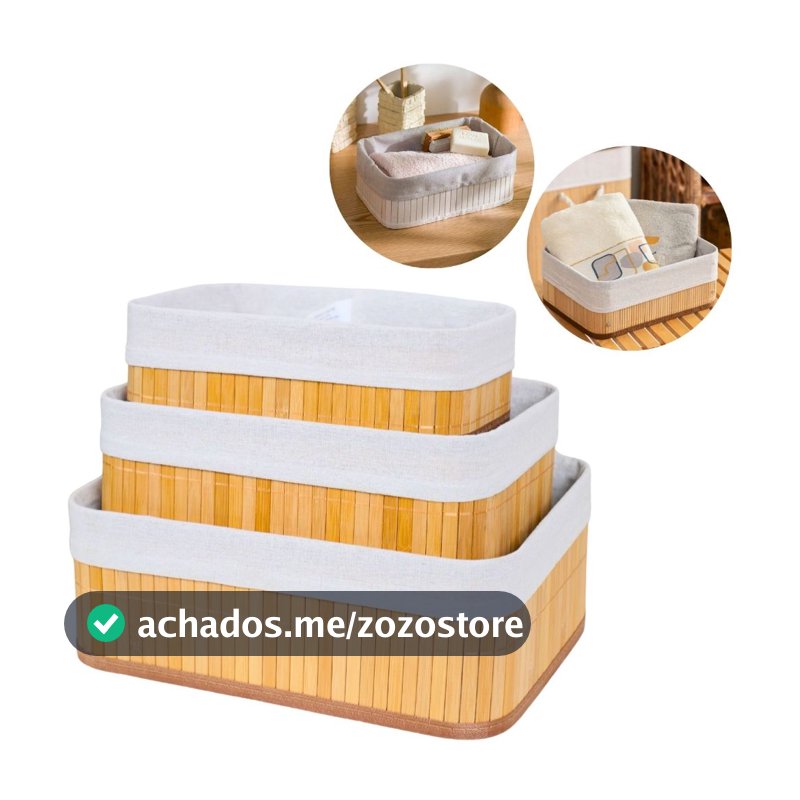 Kit 3 Cestos Organizadores de Bambu Multiuso com Forro