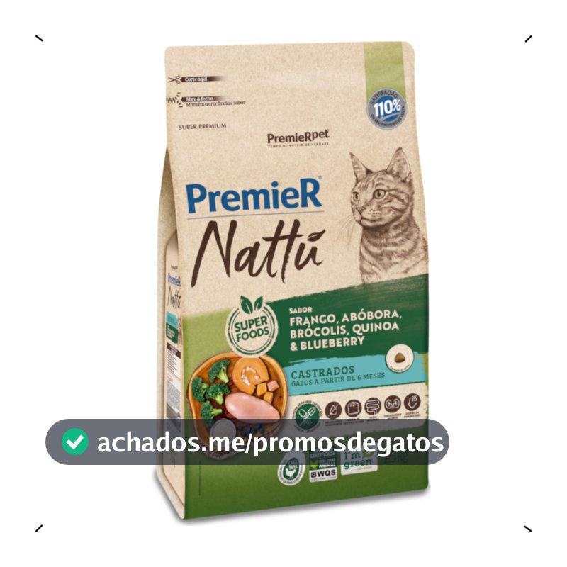 RAÇÃO PREMIER NATTU GATO CASTRADO ABOBORA 7,5KG