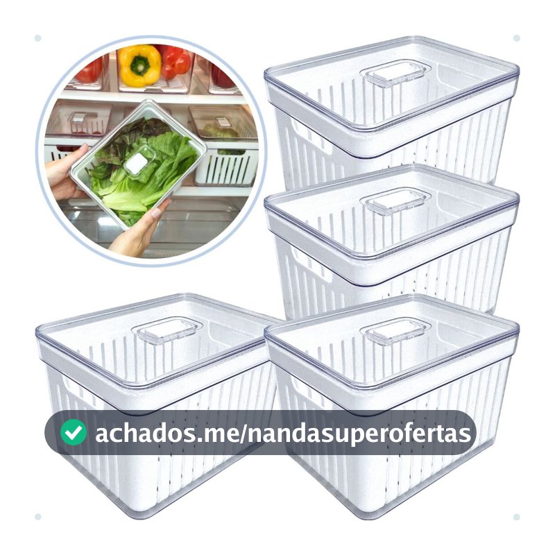 Kits Organizadores De Geladeira Clear Com Tampa E Cesto Drenagem