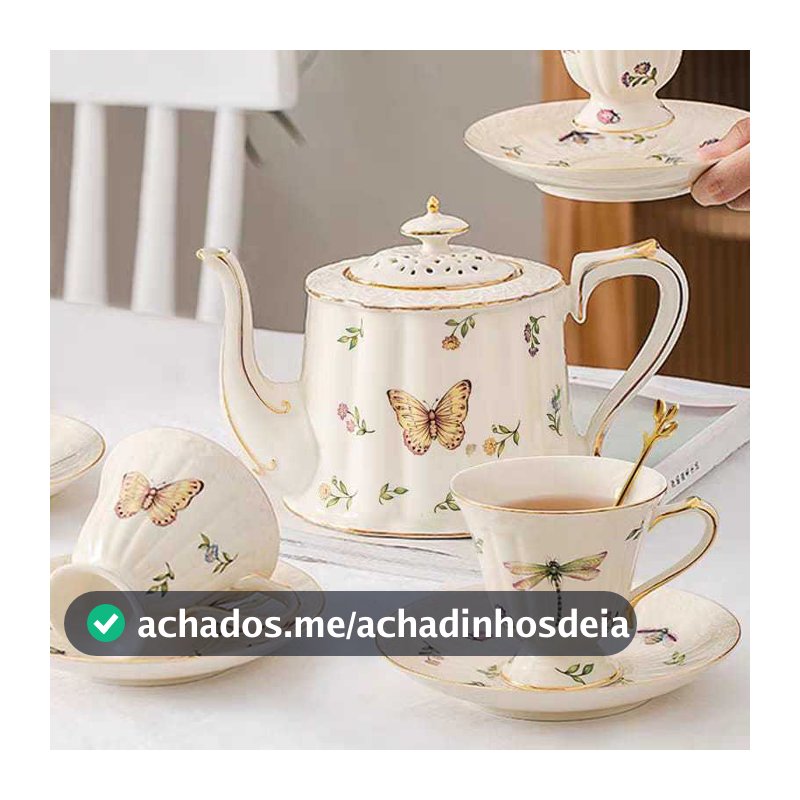 Bule de Cerâmica para Chá Cafe Xicara Com Pires de Porcelana Estampada Borboleta libélula Vintage Mesa Posta Decor