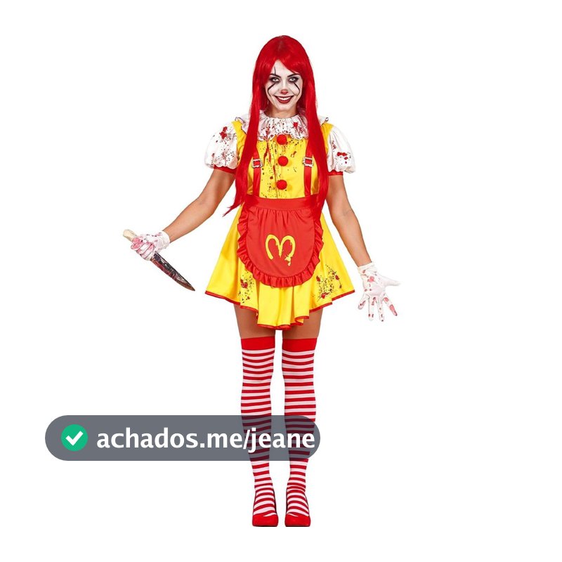 Fantasia Halloween Feminina Palhaca Assassina Vestido Garçonete Hamburguer e Avental com Sangue