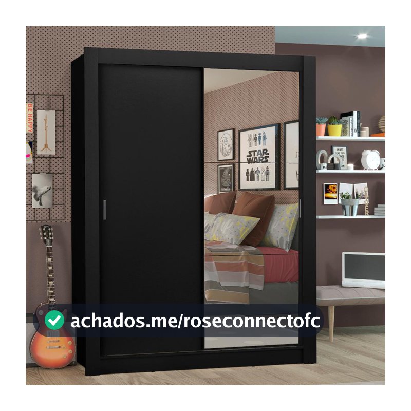 Guarda Roupa Solteiro 2 Portas de Correr com Espelho Preto Madesa Denver