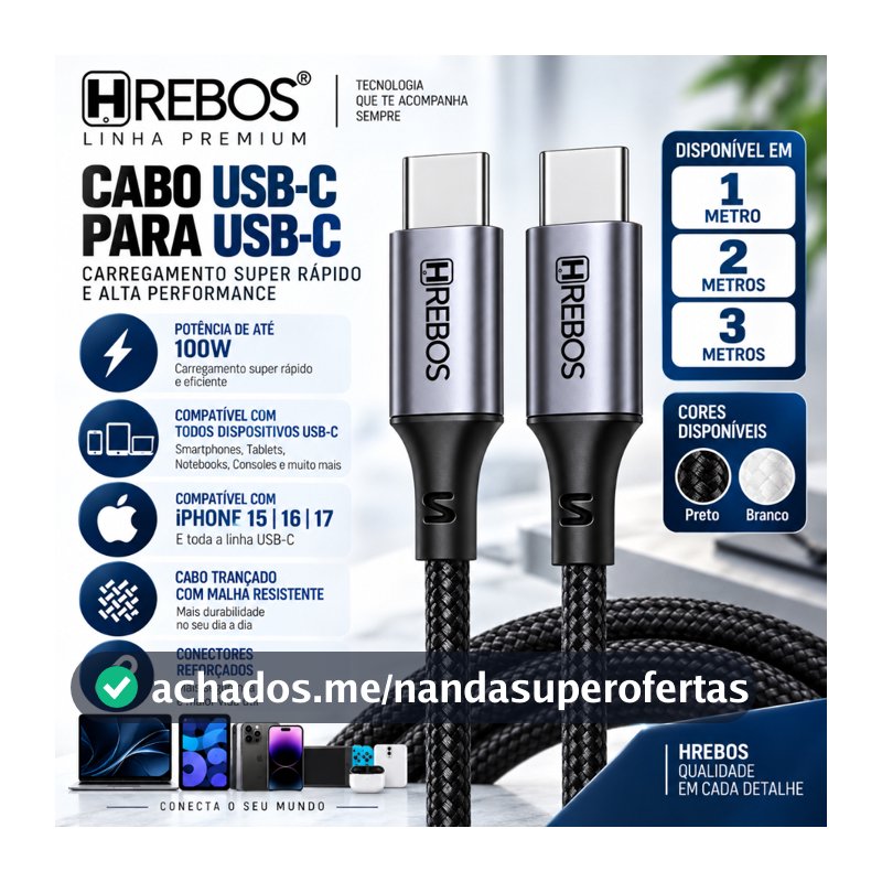Cabo Tipo C 100w Turbo 1m 2m 3m Trançado Nylon Celular Notebook Tablet Samsung Iphone 15 16 17