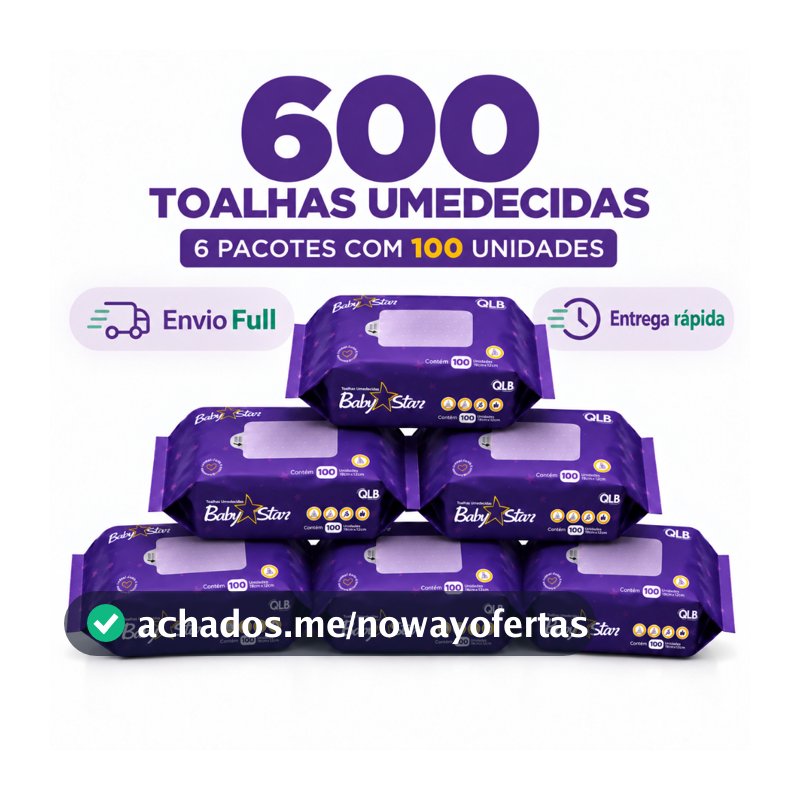 Caixa com 6 Lenços/Toalhas Umedecidas Baby Star Roxa c/ 100 Unidades Cada – Sem Tampa FlipTop