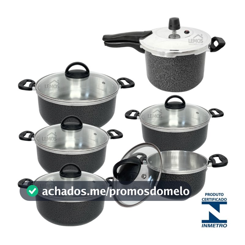 Jogo 6 Peças Com 5 Caçarolas Tampa de Vidro 16/24 + Panela De Pressão Fechamento Externo 4,5 Litros