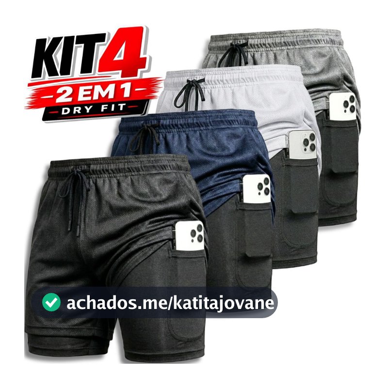 KIT 4 Shorts 2 em 1 Masculino Dry Fit Academia Corrida Fitness Compressão Bolso Celular Musculação