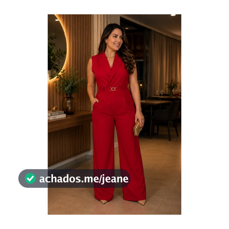 Macacão Feminino Alfaiataria Pantalona com Cinto e Gola Blazer – Longo Elegante