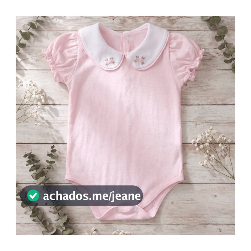 Body Bebê Menina Gola Bordada Flor Rococó 100% Algodão Manga Curta