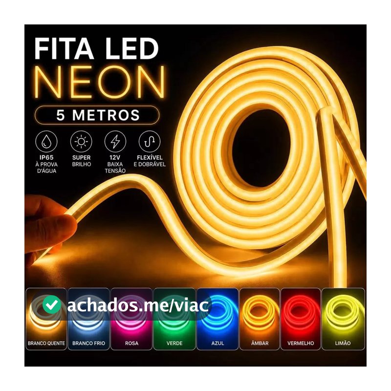 Fita de LED Mangueira Neon 5 Metros IP65 Flexível Com ou Sem Fonte  8 Cores