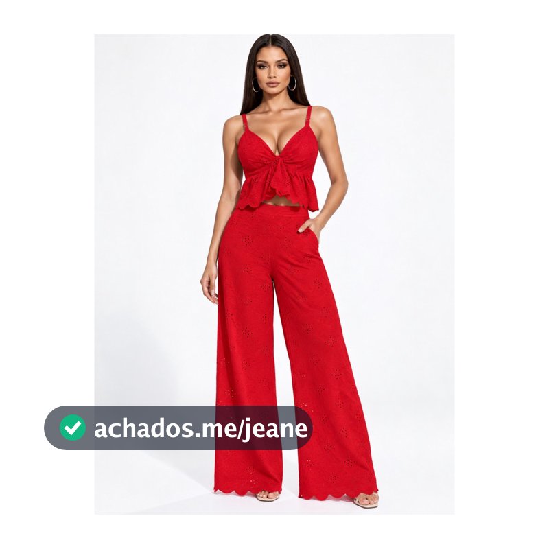 Conjunto Feminino de Laise com Cropped de Alças e Calça Pantalona