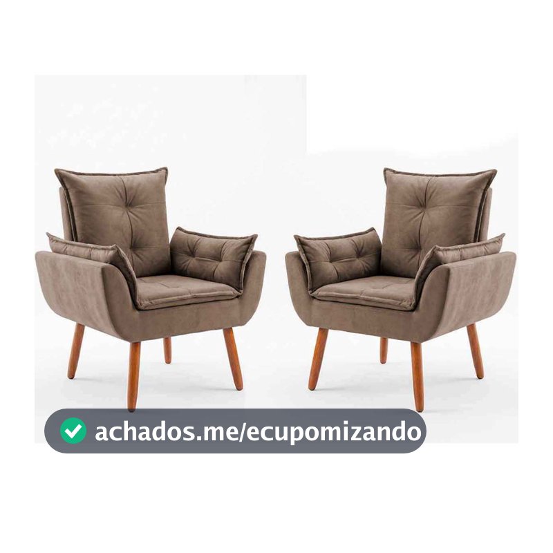 Kit com 2 Poltronas Decorativa Opala Pés Palito Premium, Reforçada, Cozinha, Quarto Suede Capuccino