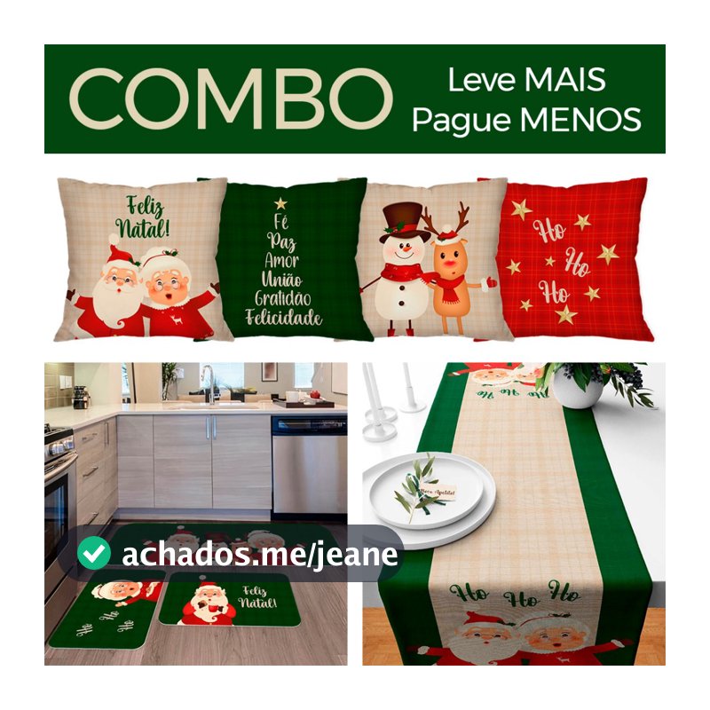 COMBO NATAL: KIT 4 CAPAS DE ALMOFADA + KIT 3 TAPETES PARA COZINHA + TRILHO DE MESA - PAPAI NOEL 23