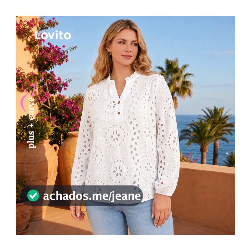 (Trendy) Blusa Social Feminina Lovito Blusa Plus Size Férias com Ilhós Lisos e Botões Bordados LBL22272