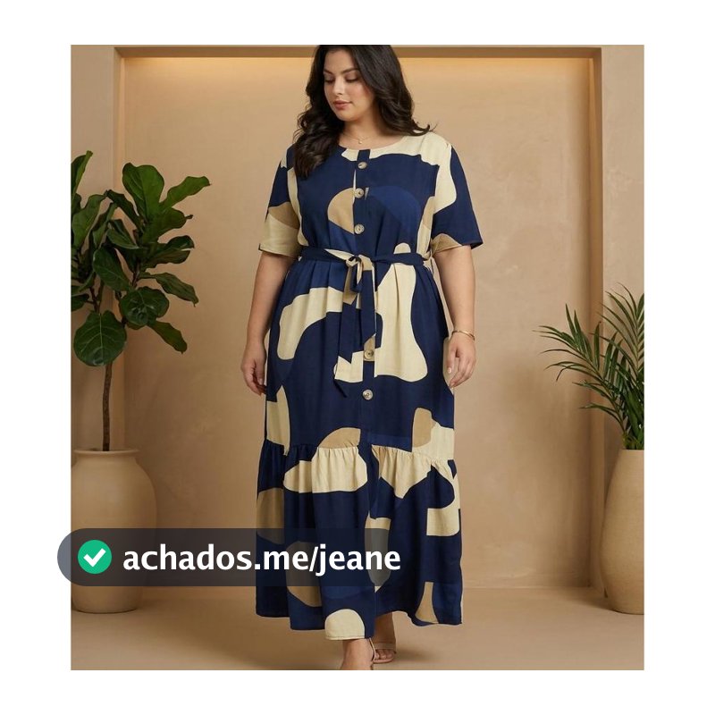 Vestido Plus Size Feminino em Viscolinho Estampado com Botões Frontais Manga Curta e Cinto Leve Premium G1 ao G4