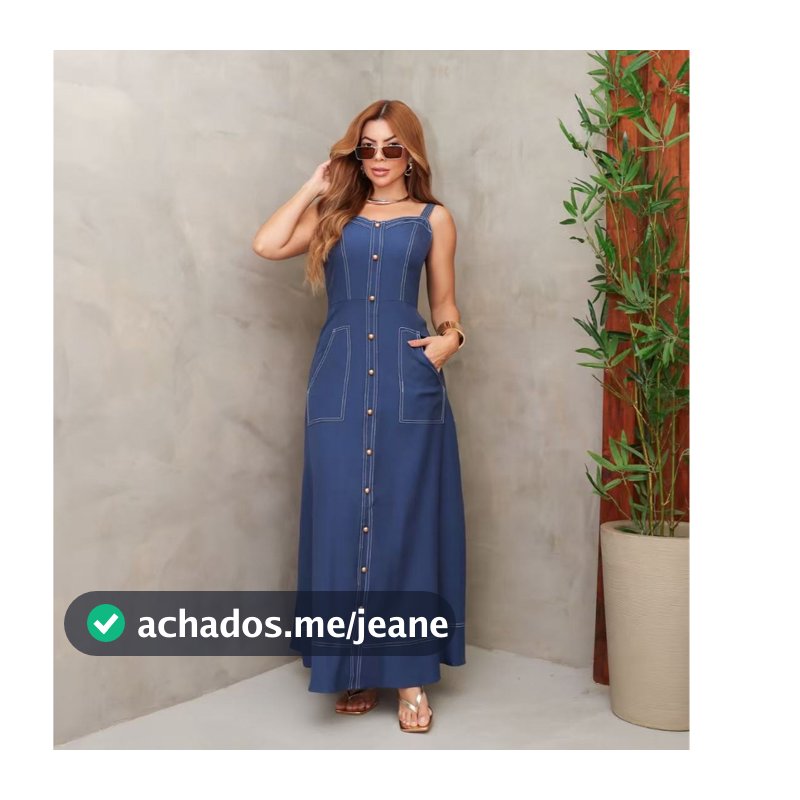 Vestido Longo Feminino Alça com Botões Frontais Bolsos Cintura Marcada Elegante 3RD SD1634