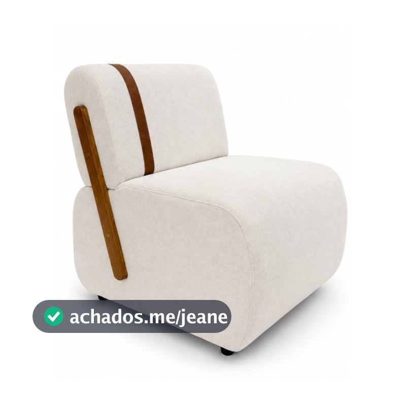 Poltrona Lisboa Orgânica Bouclê Off White Detalhe Madeira Faixa Courino Confortável Sala de Estar Recepção Quarto – AV