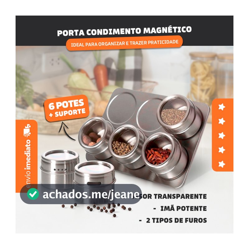 Porta Condimento Magnético 6 Peças Tempero Aço inox