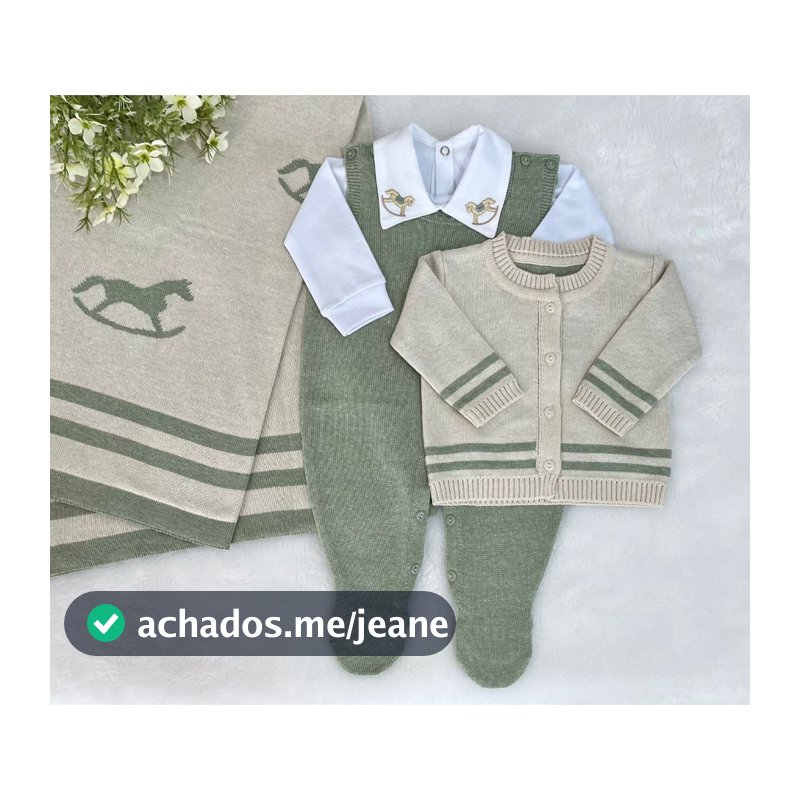Saída de maternidade menino bege com verde mescla tricot 4 peças cavalinho