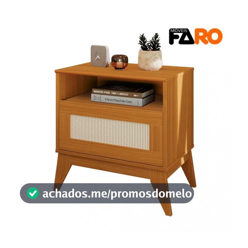 Mesa de Cabeceira Retrô Rattan com 1 Gaveta e Nicho - Pés em MDF EDN