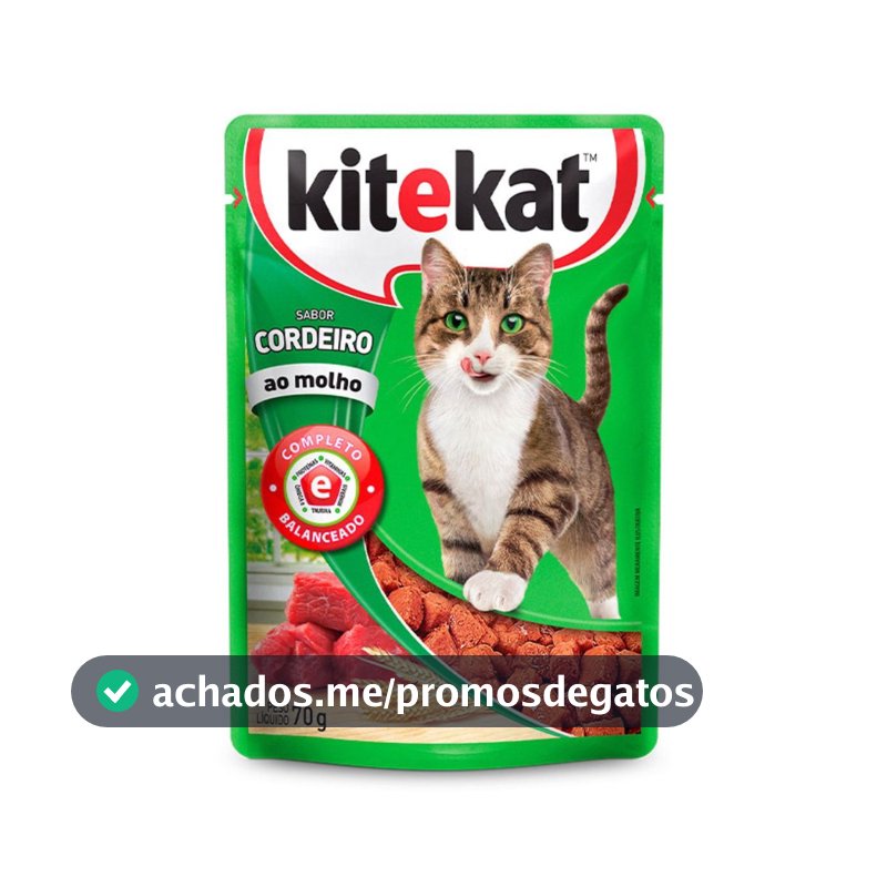 Kit 24 Sachês KiteKat Ração Gatos Alimento Úmido Sabor Cordeiro ao Molho Completo Balanceado 70g