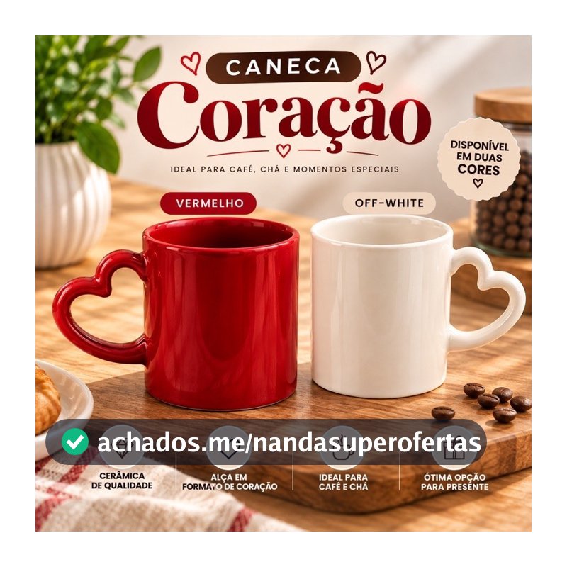 Caneca Coração 200ml Cerâmica Premium Bordô ou Off white Alça Coração Xícara Café Chá Presente Casal Dia dos Namorados