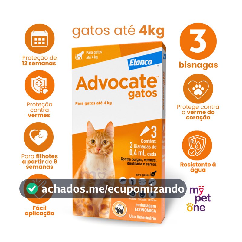 Advocate Elanco 0,4 mL para Gatos até 4 Kg - 3 Bisnagas