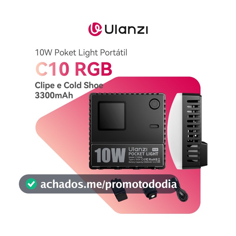 ULANZI C10 RGB Pocket Light LED 10W, Portátil1300 Lux, Bateria 3300mAh, Clipe e Cold Shoe