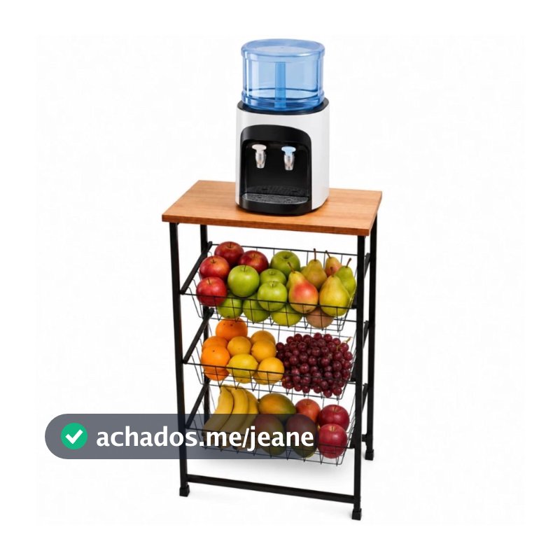 Fruteira  De Chão Em Aço Suporte Bebedouro 3 Cestos Removíveis Tampo Mdf Cozinha Copa