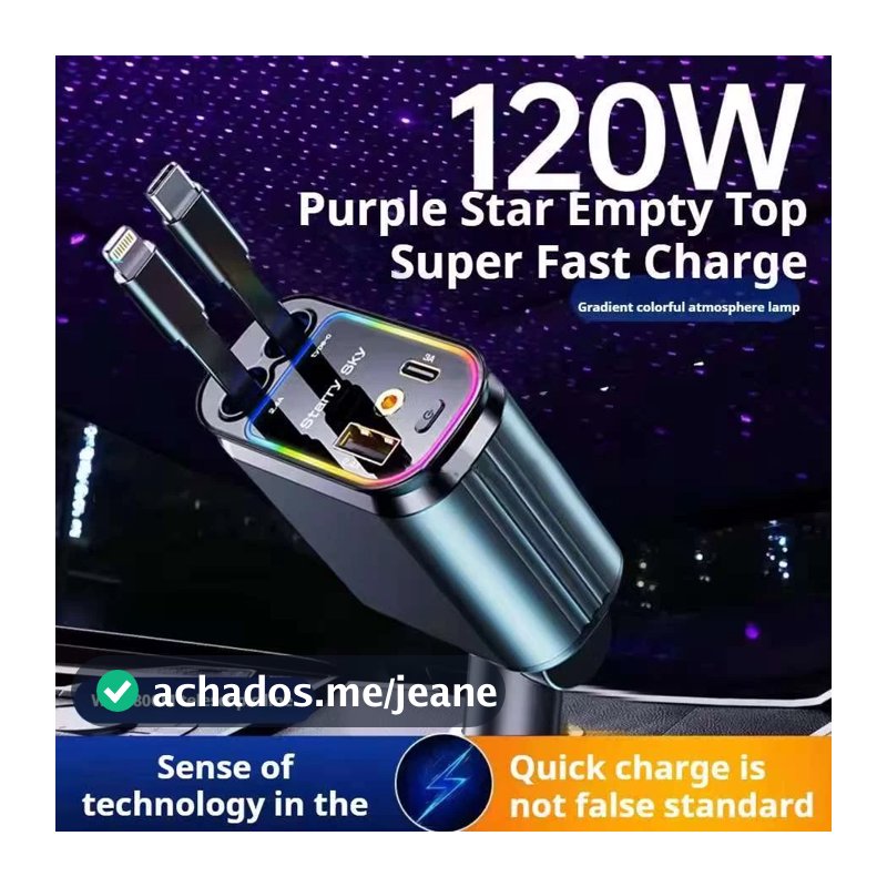 Carregador de carro retrátil com luz LED, carregador de carro rápido 4 em 1 de 120 W para iPhone e Android