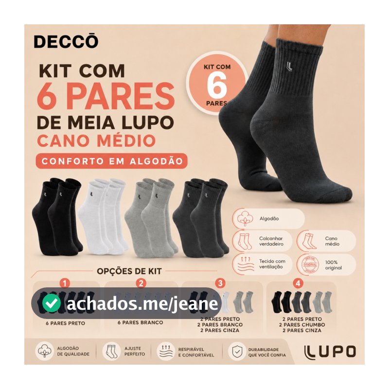 Kit Com 6 Pares De Meias Lupo Sport Cano Médio Esportiva Adulto Em Algodão