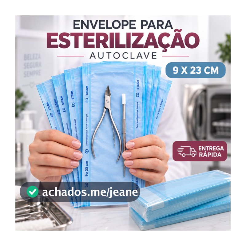 Envelope para Autoclave Esterilização 9x23cm Autosselante Papel Grau Cirúrgico 100 Unidades Manicure Podologia Estética