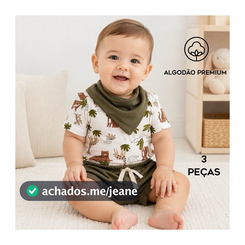 Conjunto bebê body menino verão kit 3 peças em algodão premium verão/ meia estação