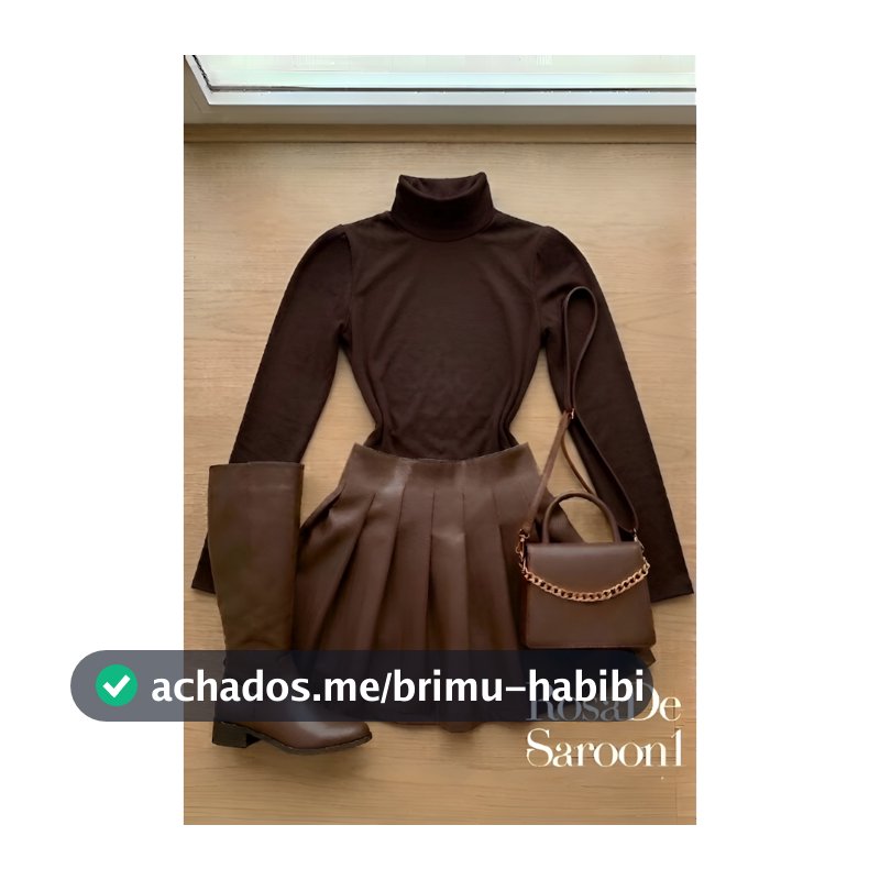 Conjunto Feminino Body Gola Alta + Saia Couro MARROM  Plissada