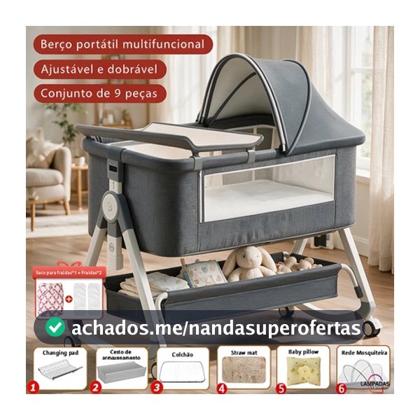 Berço Portátil Com Mosquiteiro Cama De Duas Camas 0-3 Anos Fecho De Segurança 3 Em 1 Ajustável