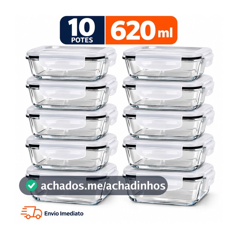 Kit 5 ou 10 Potes de Vidro Herméticos 620ml Tampa 4 Travas Marmita