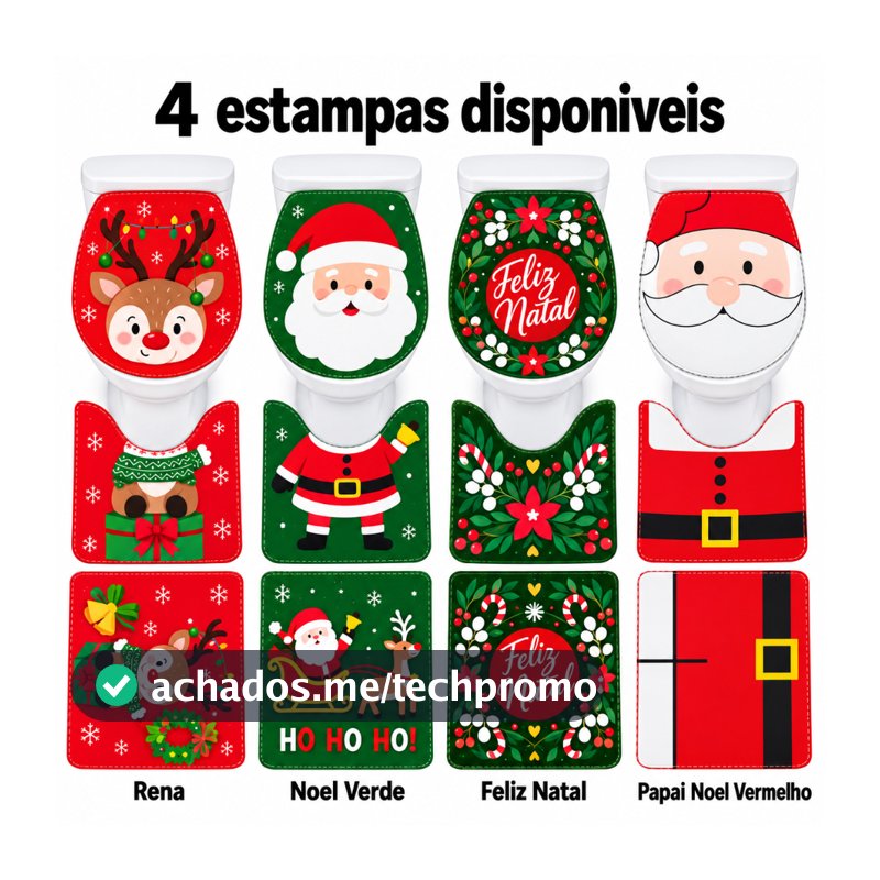 Jogo de Banheiro Natalino 3 Peças Tapetes Capa para Vaso Decoração Natal Papai Noel Rena