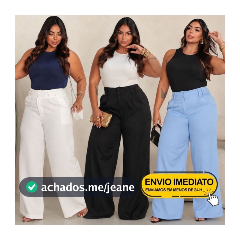 Calça Wide Leg Plus Size Pantalona Feminina Com 2 Botões e 2 Passantes Elegante Em Alfaiataria