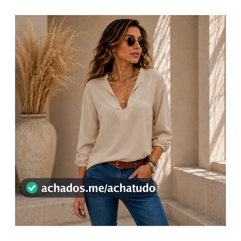 Blusa Manga 3/4 Feminina Elegante Casual Detalhe em V Moda Evangica Duna Social Básica Várias Cores