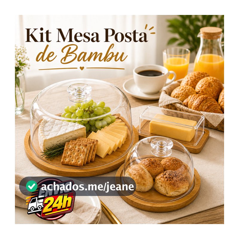 ￼Kit Café da Manhã  3 ITENS Boleira + Manteigueira + Queijo BAMBU Para mesa posta