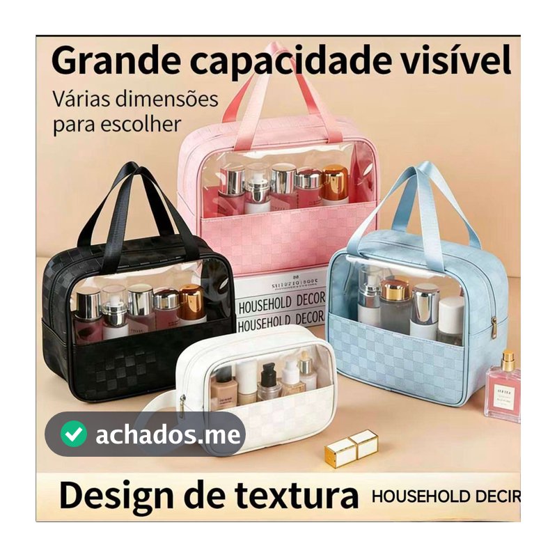 Kit 3 Peças Necessaire de Maquiagem Transparente Xadrez Grande Capacidade, Bolsa de Viagem para Cosméticos, Várias Cores