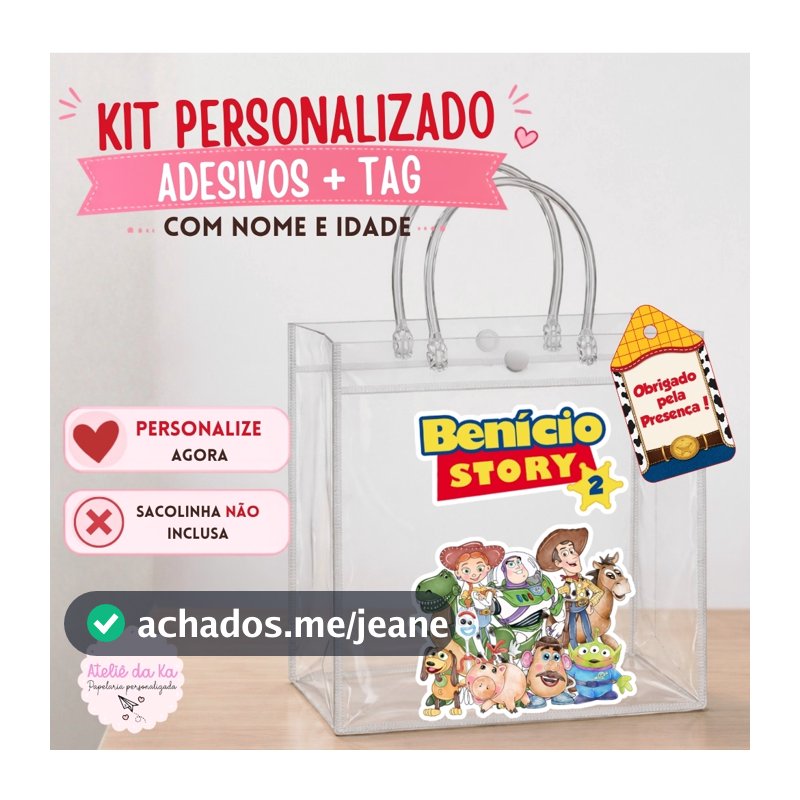 Kit Adesivos + Tags Toy Story com Nome e Idade | Sacolinha Transparente | 10 a 40 Unidades
