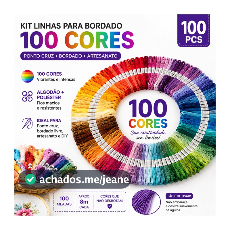 Kit 100 Meadas de Linhas de Bordado Ponto Cruz Artesanato Fio Poliéster algodão