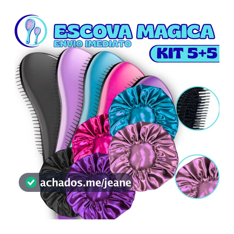 Kit 10 - Kit 5 Touca De Cetim + Kit 5 Escovas Mágicas pra cabelo - Anti Frizz - De Desembaraçar Cabelo