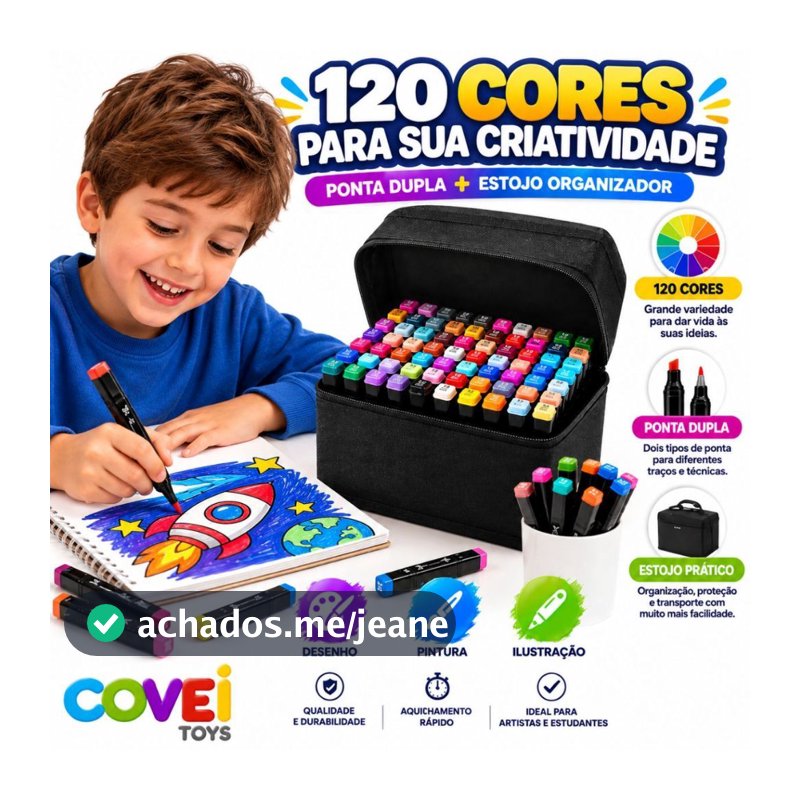 Kit 120 Canetas Coloridas Ponta Dupla Marcadores Artísticos com Estojo para Desenho Pintura