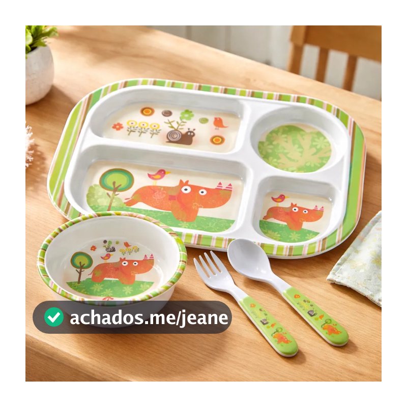 Kit Refeição Infantil Utensílios Prato C/ Divisória Retangular Para Bebê Criança Tigela Talher Bichinhos 4pçs