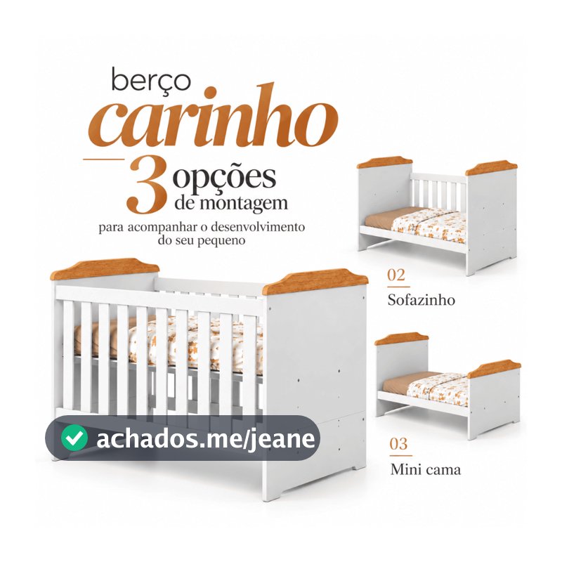 Berço Americano Carinho 3 em 1 Compacto Vira Bebê Infantil MDF Suporte Mosquiteiro Acompanha Colchão  - AV