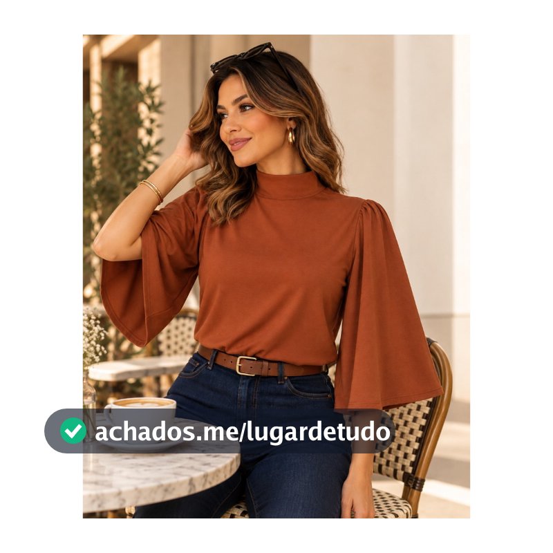 Blusa Manga Flare Elegante Feminina Manga Morcego com Gola lisa Bata Outono Inverno