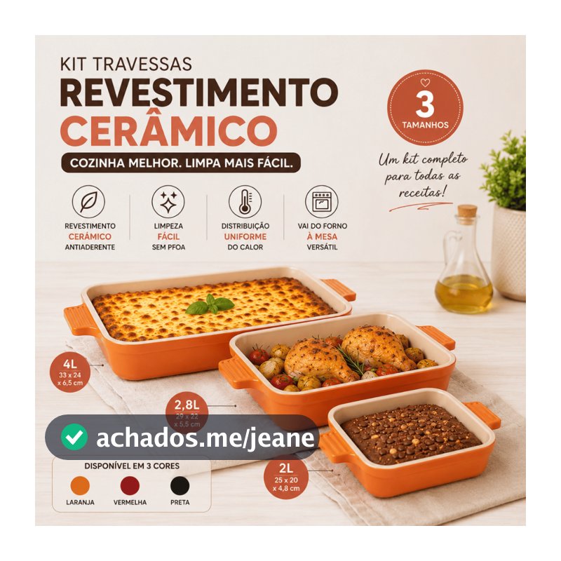 Kit 3 Formas Retangulares 2L 2,8L 4L Revestimento Cerâmico p/ Forno Travessa Lasanha Assados Oferta!