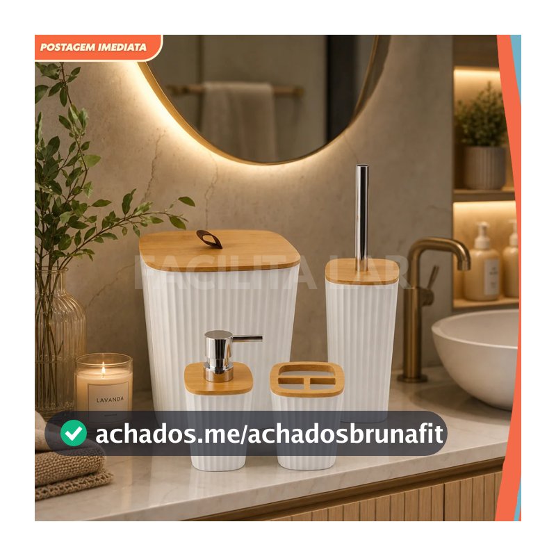 Conjunto de Banheiro Moderno 4 peças com Tampa de Bambu – Organizador Decorativo Elegante Branco ou Preto