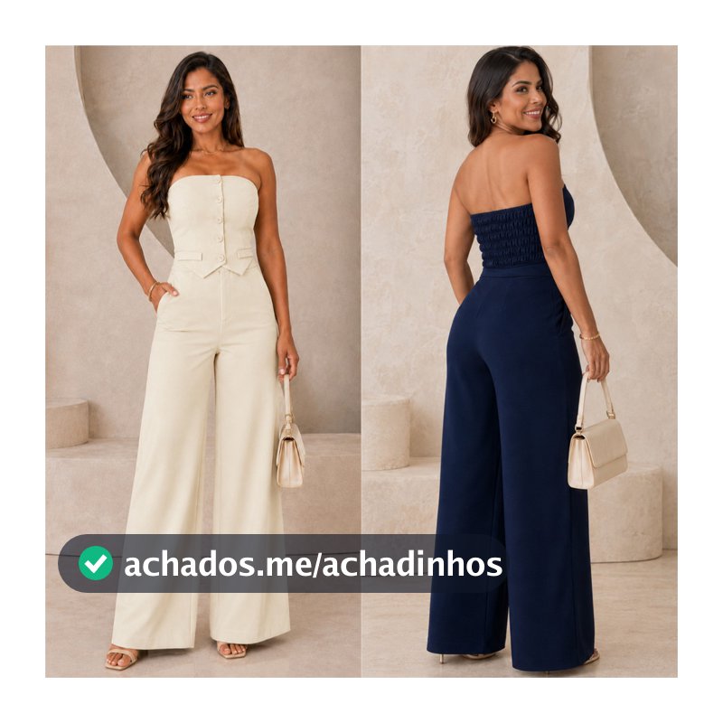 Conjunto Alfaiataria Cropped Tomara que Caia Social Elegante Calça Pantalona Blusa Elástico Lastex Botão Verão Feminino